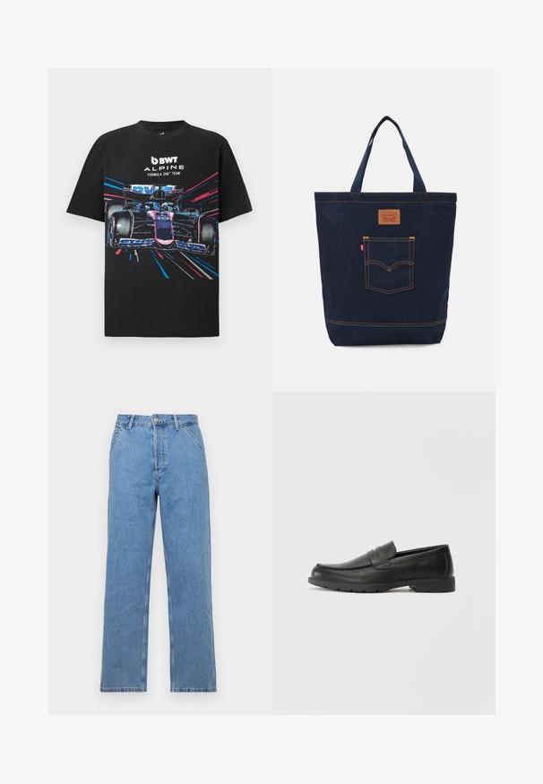 Melnas kokvilnas T-krekls ar grafisku attēlu, kas attēlo Formula One automašīnu ar spilgtām zila un rozā krāsām, kā arī tekstu "BWT ALPINE FORMULA ONE TEAM".; Gaiši zili džinsi ar taisno piegriezumu un klasisko piecu kabatu dizainu, ar priekšējo pogu aizdari un jostu cilpiņām. Gluda tekstūra.; Melnas ādas loafers ar gludu apdari, mokasīnu stila augšdaļu, šūtu detalizāciju un gumijas zoli. Klasisks dizains ar zemu papēdi.; Tumši zils džinsu somiņa ar divām rokturiem, redzamām šuvēm un priekšējo kabatu ar klasisku emblēmu.