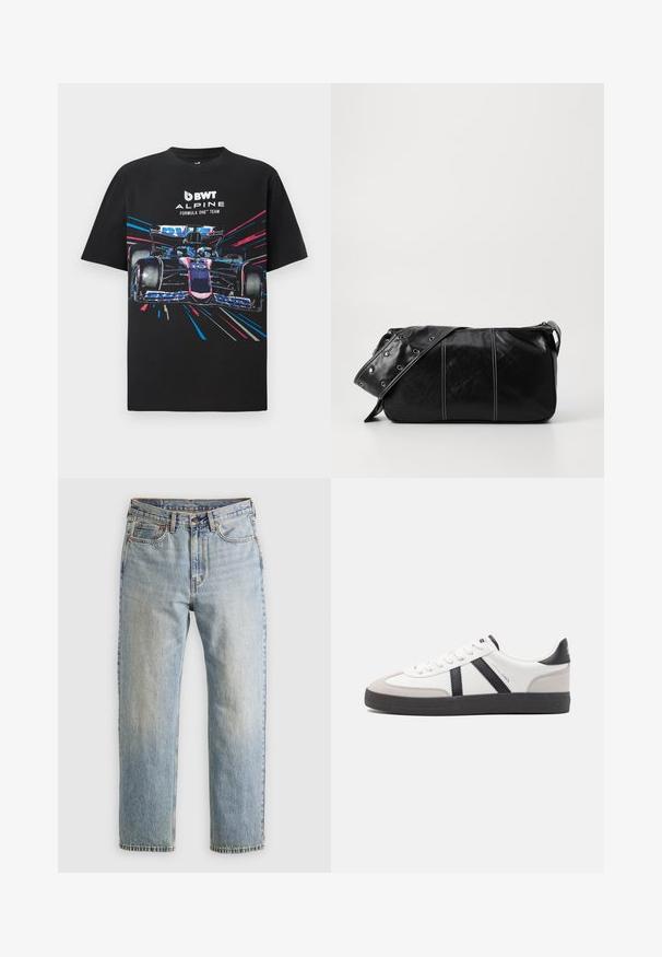 T-shirt in cotone nero con stampa grafica di una monoposto di Formula Uno, con vivaci accenti blu e rosa, e testo "BWT ALPINE FORMULA ONE TEAM".; Jeans in denim azzurro chiaro con vita alta, bottone anteriore, cerniera e design a cinque tasche, adagiati su uno sfondo neutro.; Sneaker bianco con accenti neri e grigi, dotata di una punta grigia testurizzata, suola in gomma nera e lacci bianchi piatti. Design pulito, stile minimalista.; Borsa a spalla in pelle nera con chiusura a zip, caratterizzata da un corpo testurizzato, cuciture bianche e una tracolla con occhielli in argento.