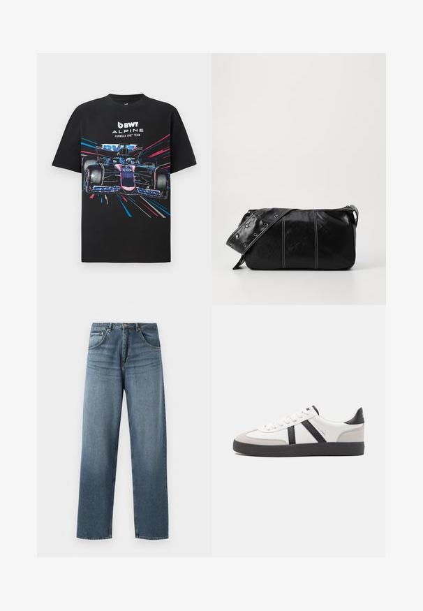 Črna bombažna majica s grafičnim tiskom formule ena, ki vsebuje živahne modre in rožnate akcentne barve ter napis "BWT ALPINE FORMULA ONE TEAM".; Ravno krojene modre kavbojke iz denima z zbledelim pranjem, ki vključujejo pet žepov, kovinsko zaponko in pasek. Strukturirana, srednje težka tkanina.; Bela športna obutev z črnimi in sivo akcenti, z teksturirano sivo kapico za prste, črnim gumijastim podplatom in ravnimi belimi vezalkami. Čista zasnova, minimalistični slog.; Črna usnjena torba za ramo z zadrgo, ki ima teksturirano telo, belo šivanje in trak s srebrnimi luknjami.