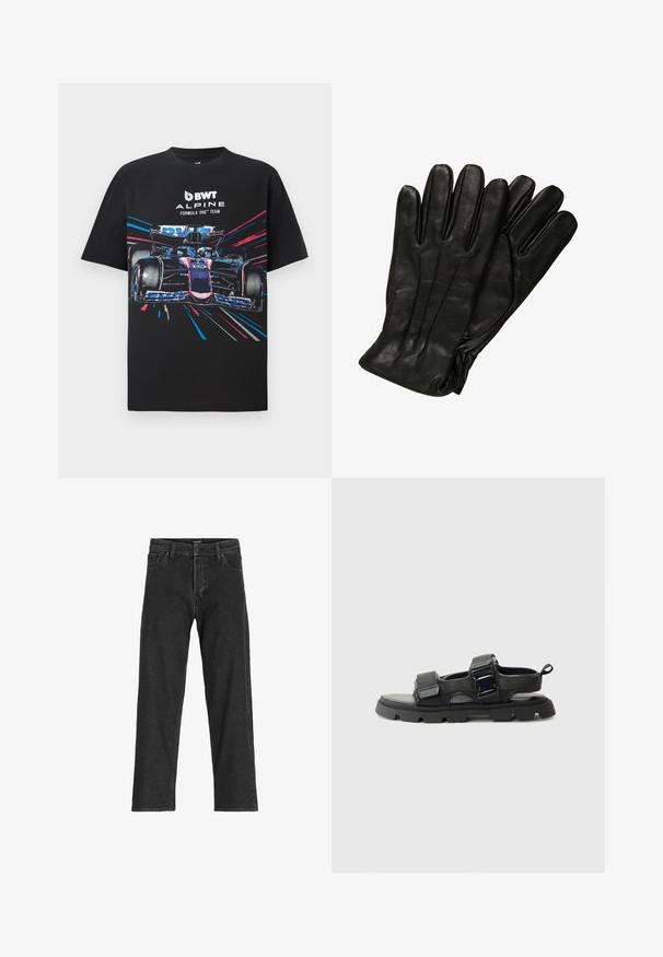 Črna bombažna majica s grafičnim tiskom formule ena, ki vsebuje živahne modre in rožnate akcentne barve ter napis "BWT ALPINE FORMULA ONE TEAM".; Črne kavbojke z ravnim krojem, ki vključujejo zadrgo, paski in šest žepov, narejene iz trpežne mešanice bombaža.; Črne sandale z zgornjim delom iz teksturirane tkanine, širokimi trakovi, podrobnostmi iz kovinske zaponke in debelim gumijastim podplatom z vzorcem čebeljih satov.; Črne usnjene rokavice z gladko teksturo, pet prstov in subtilnimi šivi. Klasičen dizajn, primeren za uporabo v hladnem vremenu.