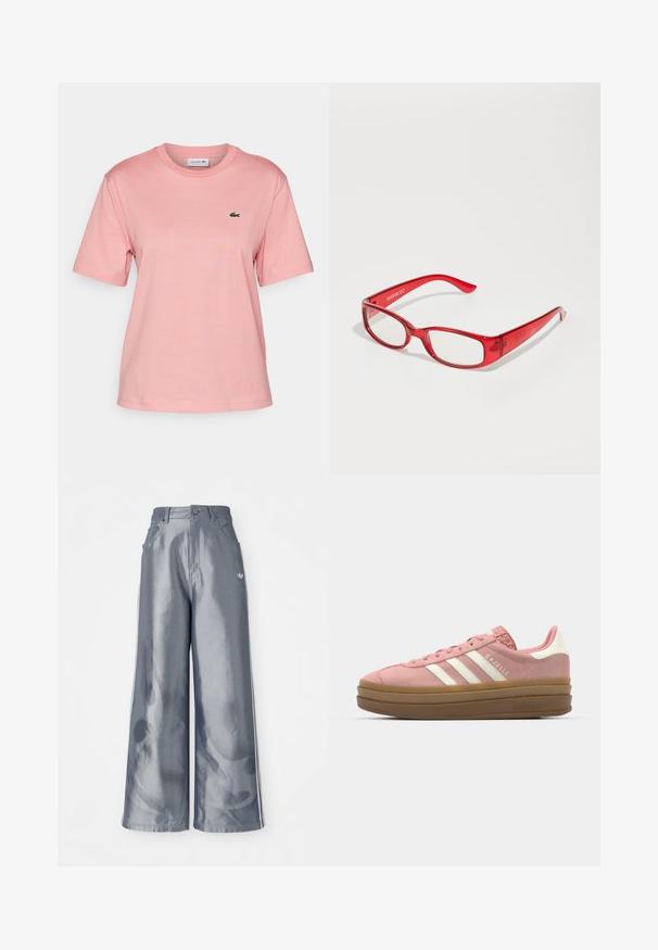 Lacoste Lihtne T-särk - tourmaline; Laiad püksid läikivast hallist materjalist, valgete külgtriipudega ja põlevate mustritega alumistes jalgades. Nööp ja lukku kinnitamine vööl.; adidas Originals GAZELLE BOLD - Tossud - mauve/off white; Punane plastikust prillid, millel on ristkülikukujuline raam, selged läätsed ja kitsad käed. Brändi logo "even&odd" on templile sisse pressitud.