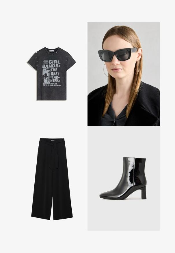 Czarna koszulka z grafiką, wykonana z bawełny, z jasnoszarym napisem na temat zespołów dziewczęcych i koncertu, z akcentami gwiazd w okolicy ramion.; Czarne spodnie szerokie z teksturowanej tkaniny, z elastycznym paskiem w talii i odpinanym paskiem w talii dla regulowanego dopasowania.; Czarne lakierowane botki za kostkę z wysmukłym noskiem i średniej wysokości obcasem w kształcie słupka. Gładka tekstura i minimalistyczny design.; Czarne okulary w kocim kształcie z ciemnymi soczewkami, grubymi oprawkami i subtelnymi akcentami. Noszone z czarnym płaszczem i szarym topem, z długimi prostymi włosami.