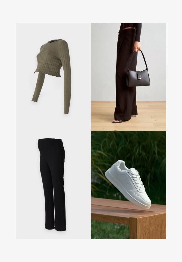 Olívazöld, bordázott, cropped hosszú ujjú felső, kerek nyakkivágással és enyhén rojtos szegéllyel. Puha anyag, testhezálló fazon.; ONLY MATERNITY OLMHALLE - Nadrágok - black; Fehér sportcipő sima szintetikus felsőrésszel, perforált lábujjrész, lapos fűzőkkel és texturált talppal, fából készült felületen kihelyezve.; Fekete kézi táska strukturált formával, sima textúrával és fémből készült záródással. Széles fekete nadrággal és nyitott orrú szandállal párosítva, fából készült padlón.
