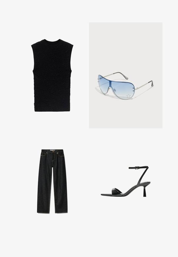 Top senza maniche nero con una superficie texturizzata caratterizzata da motivi in rilievo. Scollo rotondo e design aderente, realizzato in un tessuto morbido.; Jeans in denim scuro con un design a gamba dritta, chiusura a bottone in ottone e cuciture gialle a contrasto. Presentano cinque tasche e una vestibilità classica.; Bershka Sandali con tacco - black; Occhiali da sole aviator con lenti blu sfumate, montatura in metallo argentato e decorazioni a forma di stella sulle lenti. Design liscio e sofisticato.; Borsa a tracolla in pelle nera con manico curvo, forma triangolare allungata e superficie liscia. Presenta un design minimalista senza hardware visibile.