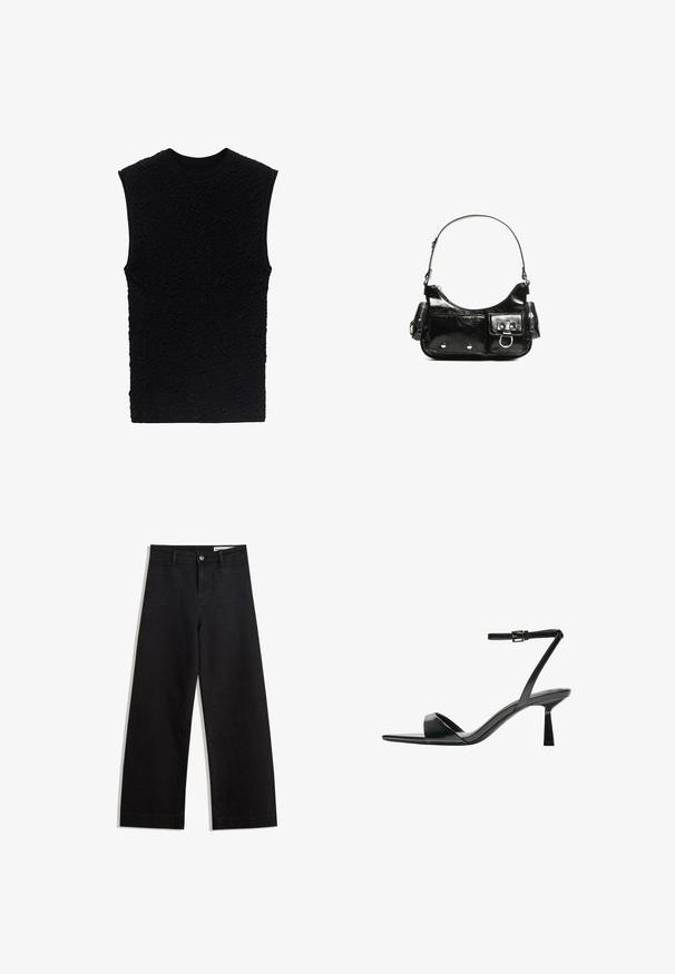 Černý bezrukávový top s texturovaným povrchem a embosovanými vzory. Kulatý výstřih a přiléhavý design, vyrobený z měkké tkaniny.; Černé denimové kalhoty s volným střihem a vysokým pasem, vybavené předními a zadními kapsami, prošívanými švy a knoflíkovým zapínáním. Hladká textura.; Bershka Sandály na vysokém podpatku - black; Černá lakovaná kožená kabelka s křivkovým tvarem, jedním ramenním popruhem, předními kapsami a stříbrnými kovovými detaily.