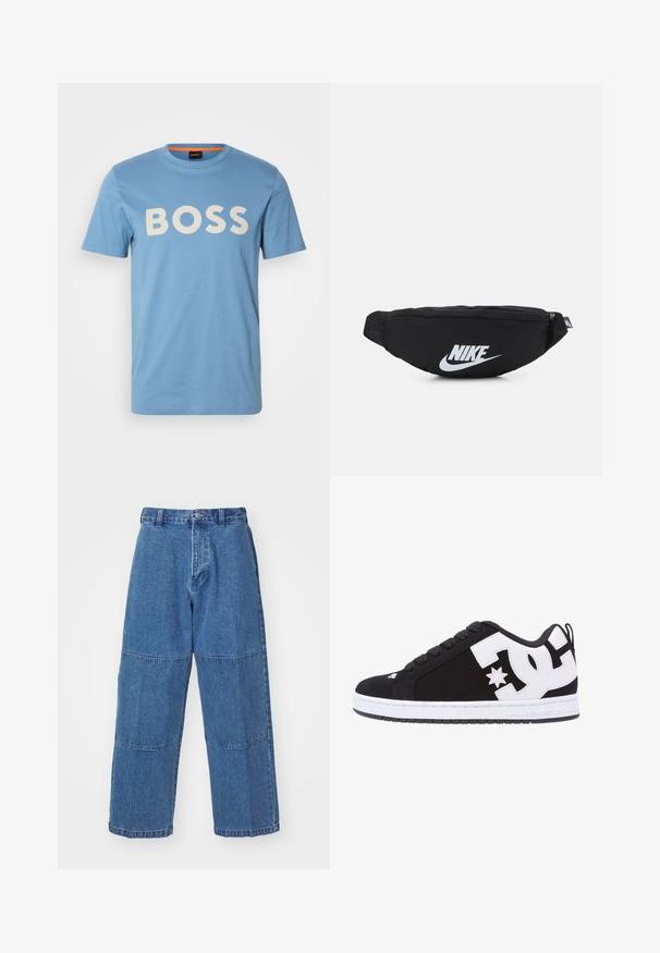 BOSS THINKING - Trükipildiga T-särk - open blue; Heledad sinine teksapükste lõdva lõikega, millel on kaks erinevat kangapaneeli, eesnuppudega sulgemine ja laiad sääred.; Mustad sneakers valge aktsentide ja logoga. Omab ümarat varbaosa, pehmet tallat, tasaseid paelu ja siledat ülemist materjali. Küljelt vaade.; Must must sisaldav must nailonist vöötasku, millel on lukuga sulgemine ja suur valge Nike logo. Sile tekstuur ja ergonoomiline disain mugavaks kandmiseks.; Viie metallist rõnga komplekt erinevates laiuses, millel on siledad, poleeritud ja harjatud pinnad; värvid varieeruvad läikivast hõbedasest kuni matini.