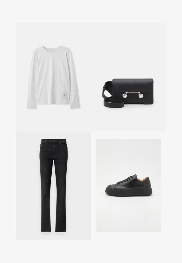 Balta ilga rankovė T-marškiniai, pagaminti iš minkštos medvilnės. Pasižymi apvaliu kaklu ir maža prekės ženklo etikete kairėje apatinėje pusėje.; Juodos džinsinės kelnių su tiesiu kirpimu, su priekinėmis kišenėmis ir sagčių uždarymu. Lygus paviršius su subtiliu nusidėvėjimu.; Juodos odinės sportinės bateliai su apvaliu pirštu, raištelių užsegimu, lygiu paviršiumi, storu guminio pado ir kontrastinga tan spalvos vidine puse.; Juodas odinis kryžminis krepšys su sklendės uždarymu, sidabro spalvos detalėmis ir dviem apvaliais akcentais. Yra nusiimamas diržas. Lygus paviršius.