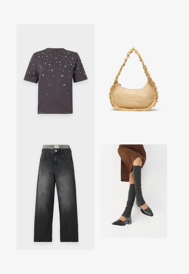 T-shirt corto grigio scuro a maniche corte con piccole decorazioni a forma di stelle e punti argentati sparse su davanti e maniche.; Jeans neri in denim a gamba larga con una cintura a motivo houndstooth. Presentano tasche frontali e chiusura con bottone. Texture usurata.; Scarpe nere in pelle verniciata con punta affilata, tacco a blocco e cinturino alla caviglia, abbinate a scaldamuscoli grigi a coste e una gonna in suede marrone.; Borsa beige strutturata con forma arrotondata, bordo sfrangiato lungo i lati e una tracolla corta per il trasporto. Apertura con zip nella parte superiore.
