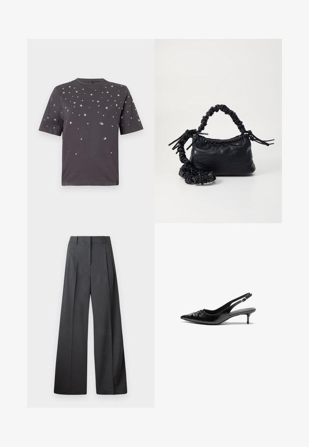 T-shirt corto grigio scuro a maniche corte con piccole decorazioni a forma di stelle e punti argentati sparse su davanti e maniche.; Pantaloni a gamba larga in tessuto grigio scuro, con vita alta, pieghe singole e una texture liscia con una finitura pulita sui orli.; Décolleté slingback nere in pelle con punta appuntita, tacco kitten basso e dettaglio arricciato sulla parte anteriore. Texture liscia e design minimalista.; Borsa a tracolla in ecopelle nera con texture a coccodrillo, apertura cinchata e tracolla arricciata. Si presenta con un design morbido e compatto.
