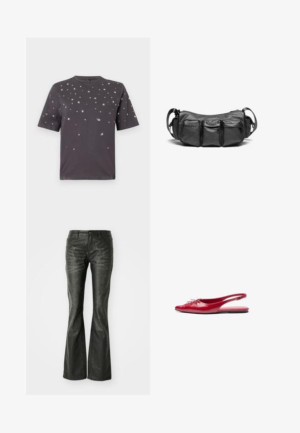 Tamno sive kratke rukave majica s raspršenim malim srebrnim zvjezdicama i točkicama po prednjem dijelu i rukavima.; Crne hlače od umjetne kože s lepršavim krojem, prednjim džepovima, metalnim dugmetom i blago teksturiranom površinom. Ravne nogavice s dugim krojem.; Crvene kožne cipele s remenom oko pete, ravne, s šiljastim vrhom i dekorativnim vezanjem sprijeda, s uskim remenom oko gležnja i ravnim đonom.; Crna kožna torba preko tijela s teksturiranim finišem. Ima tri vanjska džepa i podesivu traku. Kompaktna, zaobljena forma.