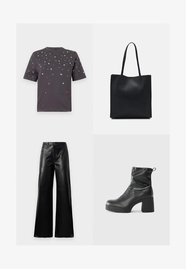 Dunkelgraues T-Shirt mit kurzen Ärmeln, verziert mit verstreuten kleinen silbernen Sternen und Punkten auf der Vorderseite und den Ärmeln.; Schwarze leichte, weit geschnittene, hochtaillierte Kunstlederhose mit vorderem Knopf, Reißverschluss, Gürtelschlaufen und Seitentaschen auf weißem Hintergrund.; Schwarze Stiefeletten aus glattem Leder mit seitlichem Reißverschluss, klobigem strukturiertem Absatz und runder Zehenform.; Schwarze Laptoptasche aus Leder mit glatter Textur, rechteckiger Form und zwei langen Griffen. Keine sichtbaren Beschläge oder Verzierungen.