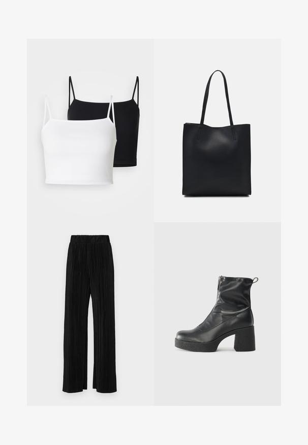 Dve rebrované tielka v bielej a čiernej farbe, s tenkými nastaviteľnými ramienkami a skráteným strihom. Mäkká tkanina s hladkou štruktúrou.; Čierne plisované nohavice s elastickým pásom. Majú široké nohavice a hladkú, textúrovanú látku s vertikálnymi pruhmi.; Čierne členkové topánky z hladkej kože, so bočným zipsom, robustnou textúrovanou pätnou časťou a zaobleným dizajnom špičky.; Čierna kožená taška na rameno s hladkým povrchom, obdĺžnikovým tvarom a dvoma dlhými uchami. Bez viditeľného kovania alebo ozdôb.