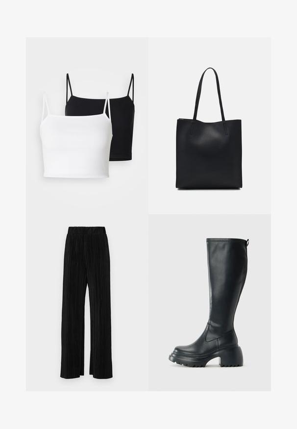 Due top a costine in bianco e nero, con spalline sottili regolabili e design cropped. Tessuto morbido con una texture liscia.; Pantaloni neri a plissé con vita elasticizzata. Presentano gamba ampia e un tessuto liscio e texture con strisce verticali.; Stivale lungo in pelle nera con suola piatta robusta e tacco a blocco, dotato di linguetta e battistrada testurizzato sulla suola.; Borsa tote in pelle nera con texture liscia, forma rettangolare e due manici lunghi. Nessun hardware o decorazione visibile.