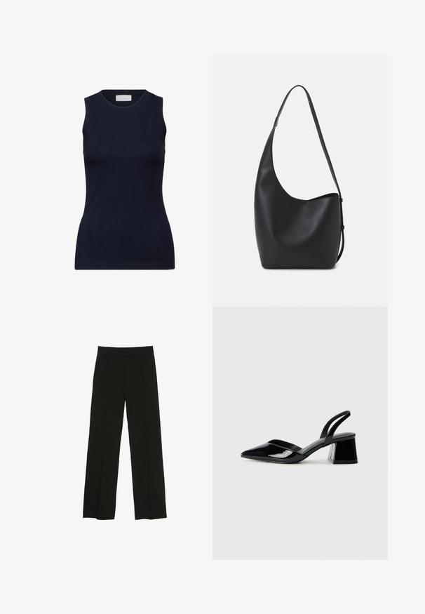 Top senza maniche di colore blu navy, realizzato in cotone morbido, con scollatura rotonda e vestibilità aderente senza decorazioni. Casual e versatile.; Pantaloni neri a gamba larga realizzati in un tessuto morbido, con una vita aderente e sottili pieghe frontali per un tocco di consistenza.; Décolleté in vernice nera con punta affusolata e tacco in geometria cubica. Presentano un design elegante e minimalista, con una texture liscia.; Borsa hobo nera in pelle con una superficie liscia, forma curvata e una singola tracolla regolabile; presenta un'ampia apertura nella parte superiore.