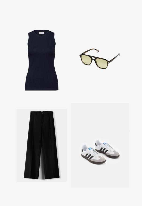 Top senza maniche di colore blu navy, realizzato in cotone morbido, con scollatura rotonda e vestibilità aderente senza decorazioni. Casual e versatile.; Pantaloni neri a gamba larga realizzati in tessuto leggero, caratterizzati da una chiusura frontale con bottone e frontale piatto, con orli cuciti con precisione.; Scarpe sportive con tomaia in pelle bianca, punta in suede grigia e tre strisce nere. Presentano un logo blu sulla linguetta e una suola in gomma testurizzata.; Occhiali da sole tartaruga con forma rettangolare, lenti con tonalità verde e montatura in acetato decorata. Presentano dettagli metallici vicino alle lenti.