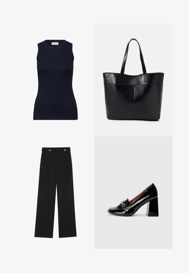 Top sin mangas de color navy, fabricado en algodón suave, con un escote redondo y un diseño ajustado sin adornos. Casual y versátil.; Pantalones de pierna ancha negros con cintura alta, detalles de botones en la cinturilla y pliegues en la parte delantera.; Zapato de tacón alto de charol negro con puntera puntiaguda y tacón de bloque. Presenta una tira decorativa y detalle de hebilla en la parte superior.; Bolso tote de cuero negro con dos asas largas, textura suave y forma estructurada. Cuenta con un bolsillo frontal para almacenamiento adicional.
