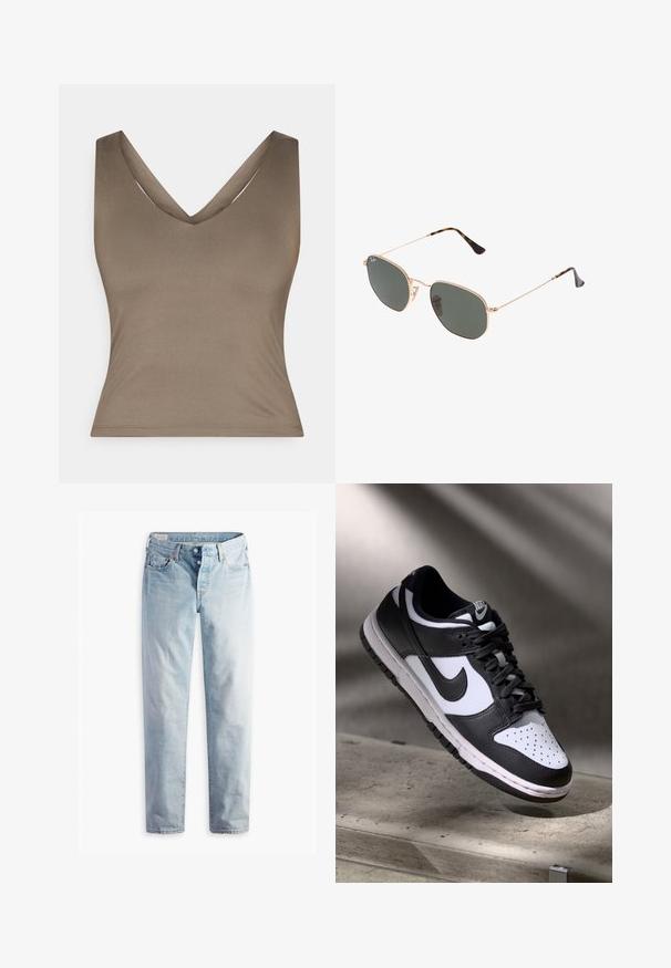 Top brun sans manches avec un décolleté en V profond, fabriqué dans un tissu lisse. Présente une silhouette ajustée et des coutures propres et minimales.; Jean en denim bleu clair avec une coupe droite, deux poches avant et deux poches arrière. Comprend une braguette à deux boutons et une couture subtile.; Sneaker Nike Dunk Low en noir et blanc avec tige en cuir, boîte à orteils perforée et lacets noirs, dotée d'une semelle blanche et d'accents de logo.; Lunettes de soleil en métal doré avec des verres vert foncé, de style aviateur, dotées de branches fines et d'accents en écaille de tortue sur les embouts.; Sac fourre-tout noir avec motif géométrique, fabriqué à partir de matériau texturé. Dispose de poignées robustes et d'une étiquette, forme structurée.