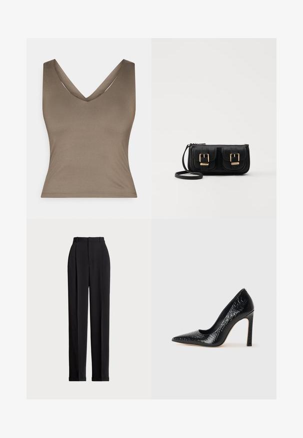 Top marrone senza maniche con scollo a V profondo, realizzato in tessuto morbido. Presenta una silhouette aderente e cuciture pulite e minimaliste.; Pantaloni neri su misura a vita alta, con pieghe frontali, design a gamba dritta e orlo con risvolto. Realizzati in tessuto morbido.; Scarpa nera con punta a punta alta in pelle di coccodrillo, caratterizzata da un design elegante, alto tacco a spillo e interno nero liscio.; Borsa a tracolla nera in pelle con due tasche frontali, fibbie dorate, chiusura con zip e una tracolla sottile. Superficie texturizzata e forma rettangolare compatta.; Orecchini a cerchio in metallo color oro con forma curva ed allungata. Presentano una superficie liscia e lucida e una punta arrotondata per un tocco di dettaglio in più.