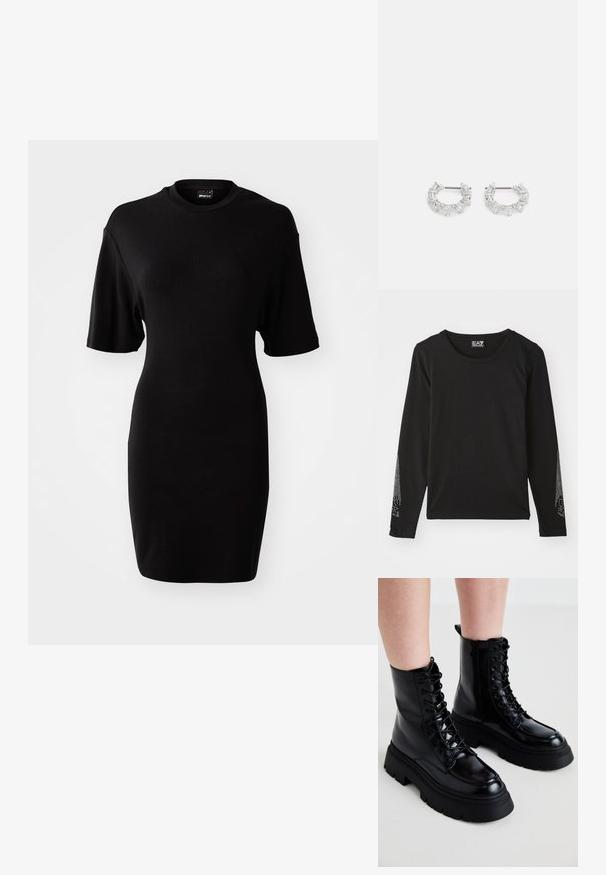 Juodas ilgomis rankovėmis marškinėliai, pagaminti iš minkštos medžiagos, su apvaliu iškirptė ir sidabriniais papuošimais palei rankoves gradientiniu raštu.; Juoda, trumpomis rankovėmis suknelė, pagaminta iš minkštos medžiagos. Turi apvalią iškirptę ir prigludusį siluetą su kelių ilgio kraštu.; Juodi odiniai aulinukai iki kulkšnies su masyviu padu, šnuoruojamos priekyje ir su šoniniu užtrauktuku; pasižymi lygia apdaila ir pakelta kojų dalimi.; Sidabrinės auskarų kabliukų formos auskarai, papuošti aiškiais, stačiakampiais ir trikampiais kristalais, kurie išdėstyti raštuotu dizainu. Tvirtinimai, užtikrinantys saugų prilaikymą.