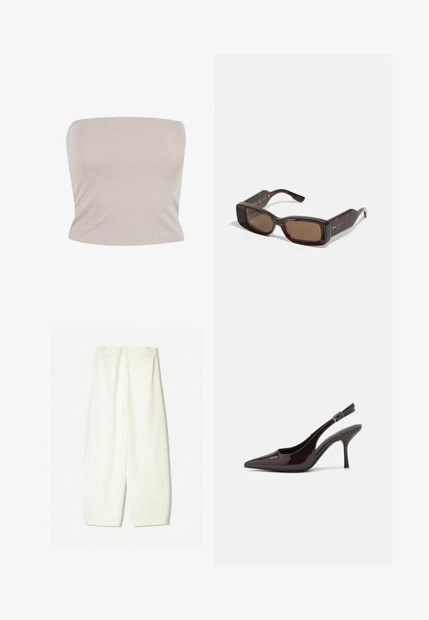 Top bandeau in maglina beige chiaro con un leggero luccichio, caratterizzato da un design aderente e una texture liscia, con scollatura dritta.; Pantaloni a gamba larga in un morbido tessuto crema, caratterizzati da una texture liscia, tasche frontali e una vestibilità morbida con una vita di altezza media.; Scarpa con tacco alto tipo slingback in pelle verniciata marrone scuro lucido, punta affusolata, lati aperti e cinturino alla caviglia regolabile.; Occhiali da sole Gucci con lenti rettangolari marroni, montatura in acetato tartarugato e dettagli del logo dorato sulle tempie.