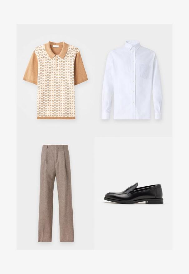 Polo majica s kratkimi rokavi z bež teksturiranim vzorcem, svetlo rjavim ovratnikom in manžetami, ki vsebuje tri gumbe in geometrijske vzorec.; Bela dolgo rukava srajca s kragnico, izdelana iz bombaža, z žepom na prsih in toniranimi vezeninami ter gumbi na manšetah.; Rjave hlače z visokim pasom, izdelane iz teksturirane tkanine. Imajo široke noge in dve sprednji pregibi za strukturo. Urejen zaključek brez vidne strojne opreme.; Črne usnjene loafer čevlje z gladko teksturo, zaobljenim nosom in dekorativnim trakom čez zgornji del. Nizka zložena peta, minimalističen dizajn.