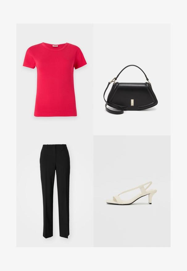 Red short-sleeve t-shirt with a ribbed texture and round neckline, made from a smooth fabric, featuring a standard fit and no visible patterns.; Black tailored trousers with a straight-leg design, featuring a smooth texture and crisp creases along the front. No visible hardware.; Beige block-heeled sandals with thin straps and a square toe. Smooth material with minimal detailing, designed for easy wear.; Black leather handbag with a structured design, featuring a cropped shape, top handle, and gold hardware accent. Adjustable shoulder strap included.