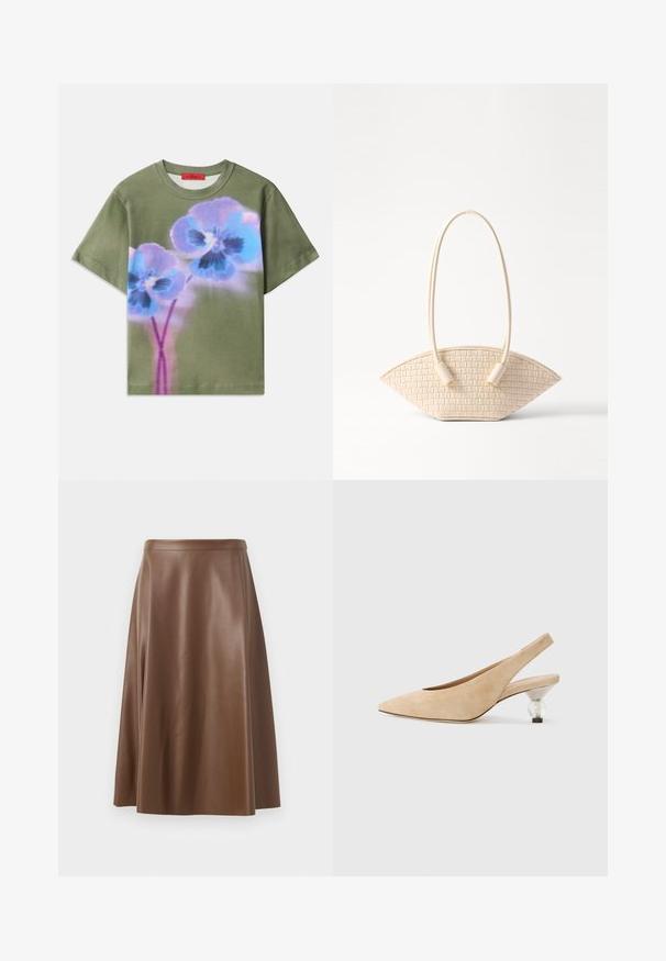 Olive green T-shirt featuring a large graphic of blue and purple flowers with dark centers, short sleeves, and a round neckline.; Brown leather A-line skirt with a smooth texture and a mid-length hem. Features a fitted waistband and a slight flare from the hips.; Beige suede slingback shoe with a pointed toe and a transparent, rounded heel. Smooth texture and minimalist design.; Woven beige handbag with a unique curved shape, featuring two textured handles and cylindrical hardware accents.