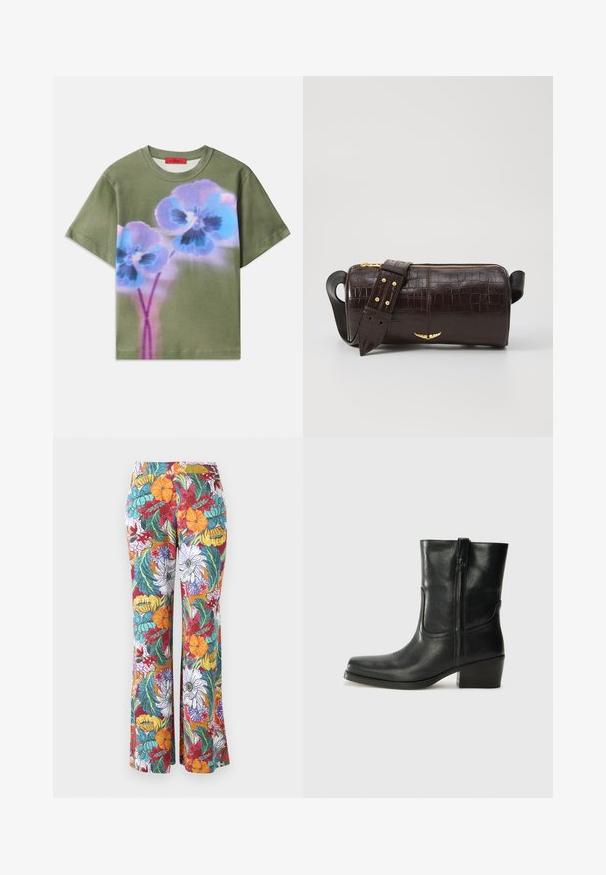 Olīvzaļš T-krekls ar lielu grafiku, kurā attēloti zili un violeti ziedi ar tumšiem centriem, īsām piedurknēm un apaļu kakla izgriezumu.; Platas bikses ar daudzkrāsainu ziedu rakstu, kurā ir oranži, purpursarkani un tirkīzzili ziedi un zaļas lapas uz balta fona.; Melna ādas potīte ar noapaļotu purngalu, bloku papēdi, sānu rāvējslēdzēju un šuvju akcentiem uz virsmas. Gluda tekstūra, klasiskā dizaina.; Brūna krokodila ādas soma ar cilindrisku formu, zelta toni aparatūru un noņemamu siksnu ar studiem.
