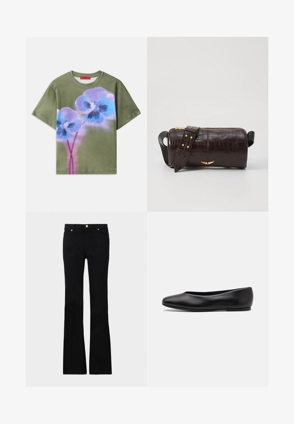 Olive green T-shirt featuring a large graphic of blue and purple flowers with dark centers, short sleeves, and a round neckline.; Black flared jeans made of denim, featuring two front pockets, a button closure, and a smooth texture. Signature stitching visible at seams.; Paul Smith TOPANGA - Ballet pumps - black; Brown crocodile-embossed leather bag with a cylindrical shape, gold-tone hardware, and a detachable strap featuring studs.
