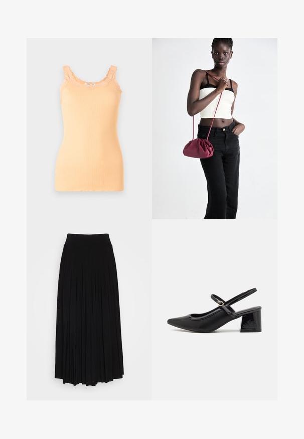Perzik ribbel tanktop met kant langs de ronde halslijn en schouderbanden, met een getailleerde silhoeet en lichte stof.; Zwarte plissé rok met een hoge, elastische tailleband. Gemaakt van zachte stof, met verticale plooien voor een vloeiende silhouet.; Zwarte gepolijste leren slingback hakken met een spitse neus, een ronde uitsnede en een blokhak. Voorzien van een gouden gespaccent.; Bordeaux zachte stoffen handtas met een geplooid ontwerp en een lange schouderband, crossbody gedragen. Model draagt een witte crop top en zwarte jeans.