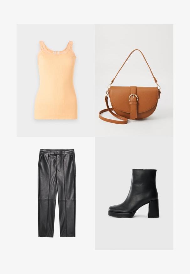 Top de tirantes acanalado en melocotón con encaje en el escote y en las tiras, que presenta una silueta ajustada y una tela ligera.; Pantalones de cuero negros con una textura suave, con un corte recto, dos bolsillos frontales y detalles de costura visibles.; Botín de cuero negro con tacón cuadrado y suela de plataforma, visto de lado sobre un fondo blanco liso.; Bolso bandolera de cuero marrón con forma curvada, herrajes dorados y un acento de hebilla. Incluye una correa de hombro desmontable.