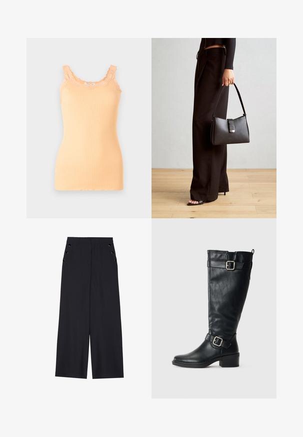 Pehmea puuvillane kampsun-sinine top koos pitsiga kaelaaugu ja õlgade ümber, millel on kergelt vormitud siluett ja kerge kangas.; Laiad püksid tumesinises kangas, millel on sile tekstuur, ees pleedid ja dekoratiivsed kuldset värvi järgipuuaugud küljetaskutel.; Pikk must nahast saabas madala kontsaga, kaunistavate pandladega pahkluul ja tipus, ning tagaküljel tõmbeaas.; Must musta kott, millel on struktureeritud kuju, sile tekstuur ja metallist klamber. Kombineeritud laiate mustade pükstega ja avatud varvaste sandaalidega puidust põrandal.