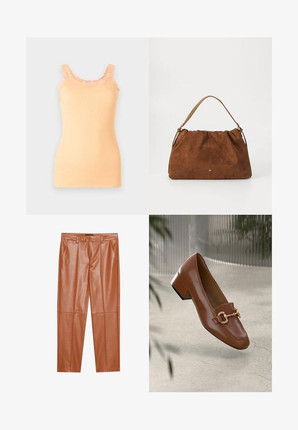 Débardeur côtelé pêche avec bordure en dentelle le long de l'encolure dégagée et des bretelles, présentant une silhouette ajustée et un tissu léger.; Pantalon en simili cuir marron avec une coupe ajustée, comportant des plis à l'avant et des jambes droites. Texture lisse sans quincaillerie ou accents visibles.; Mocassin en cuir verni marron avec un bout carré, accent de chaîne métallique et petit talon carré ; texture lisse, design minimaliste.; Sac à main en daim marron avec un design plissé, arborant une seule sangle en cuir beige et un discret logo doré à l'avant.