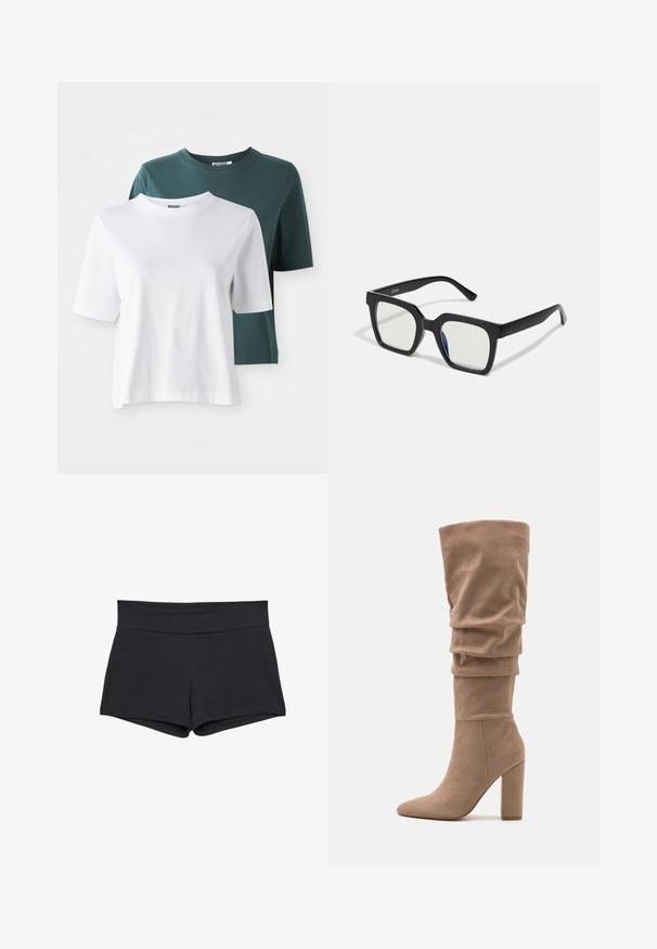 Dve majice s kratkimi rokavi: ena bela in ena temno teal. Obe imata okrogel ovratnik in mehko bombažno teksturo. Blagovna znamka je vidna na vratu.; Črne prilagojene kratke hlače s širokim pasom, narejene iz mehkega, raztegljivega blaga. Robovi so gladki, brez vidnih zaponk ali vzorcev.; Anna Field Škornji - beige; Črne sončne očala s mat končno obdelavo, ki imajo prozorne leče z rahlo modrim odtenkom na eni strani. Močna, angleska zasnova.; PULL&BEAR SHOPPER - Torba za nakupovanje - grey