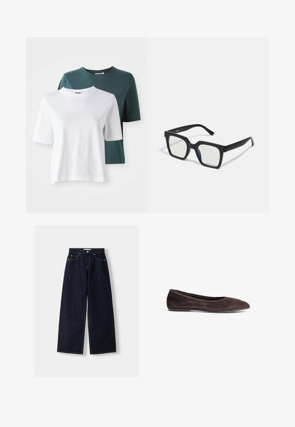 Twee t-shirts met korte mouwen: één wit en één donkerblauwgroen. Beide hebben een ronde halslijn en een zachte, katoenen textuur. Merklabel zichtbaar op de nek.; Donkerblauwe denim wijduitlopende jeans met een hoge taille, vijf zakken, contrasterende stiksels en zilveren metalen hardware. Gladde textuur en een nette afwerking.; Bruine suède balletschoenen met een spitsneus en een laag profiel. Kenmerkt zich door een gladde textuur en een minimalistisch ontwerp. Geen zichtbare hardware of accenten.; Zwarte vierkante zonnebril met een matte afwerking, voorzien van transparante lenzen en een lichte blauwe tint aan één kant. Stevig, hoekig ontwerp.