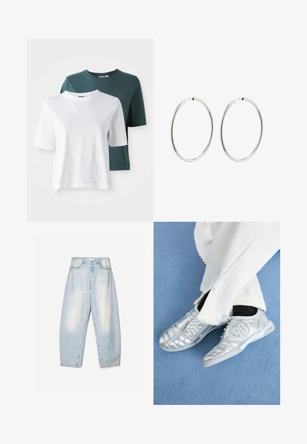 Zwei kurzärmlige T-Shirts: eines in Weiß und eines in dunklem Türkis. Beide haben einen Rundhalsausschnitt und eine weiche Baumwollstruktur. Das Markenlabel ist am Hals sichtbar.; Hellblaue Jeans aus Denim mit lockerer Passform, im ausgewaschenen Finish, zwei Fronttaschen und einem Knopfverschluss am Bund.; Silberne Sportschuhe mit einer glatten, glänzenden Oberfläche, die ein genähtes Design und die Nummer 90 an der Seite aufweisen, kombiniert mit weißen Hosen.; Silberne Creolen mit einer glatten, polierten Oberfläche. Kreisförmig, gleichmäßige Breite, entworfen für einfaches Anlegen. Einfach und elegant.