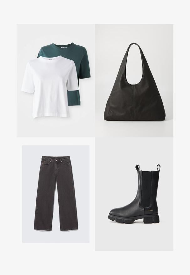 Dvě trička s krátkým rukávem: jedno bílé a jedno tmavě tyrkysové. Obě mají kulatý výstřih a jemný bavlněný materiál. Logo značky viditelné na krku.; Kalhoty s širokými nohavicemi vyrobené z tmavě šedého denimového materiálu. Mezi vlastnosti patří vysoký pas, měděné kování a klasický design s pěti kapsami.; Černá kožená bota po lýtka s robustní podrážkou, elastickými bočními panely, poutky a malým zlatým logem blízko paty na bílém pozadí.; Černá kožená taška přes rameno s zakřiveným držadlem, prodlouženým trojúhelníkovým tvarem a hladkým povrchem. Disponuje minimalistickým designem bez viditelného kování.