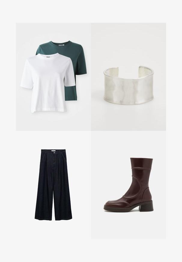 Zwei kurzärmlige T-Shirts: eines in Weiß und eines in dunklem Türkis. Beide haben einen Rundhalsausschnitt und eine weiche Baumwollstruktur. Das Markenlabel ist am Hals sichtbar.; Dunkelblaue, weite High-Waist-Hosen aus Denim mit einem Knopfverschluss vorne, zwei Seitentaschen und Nähdetails.; MIISTA MALENE - Stiefelette - brown; Zign Armband - silver-coloured