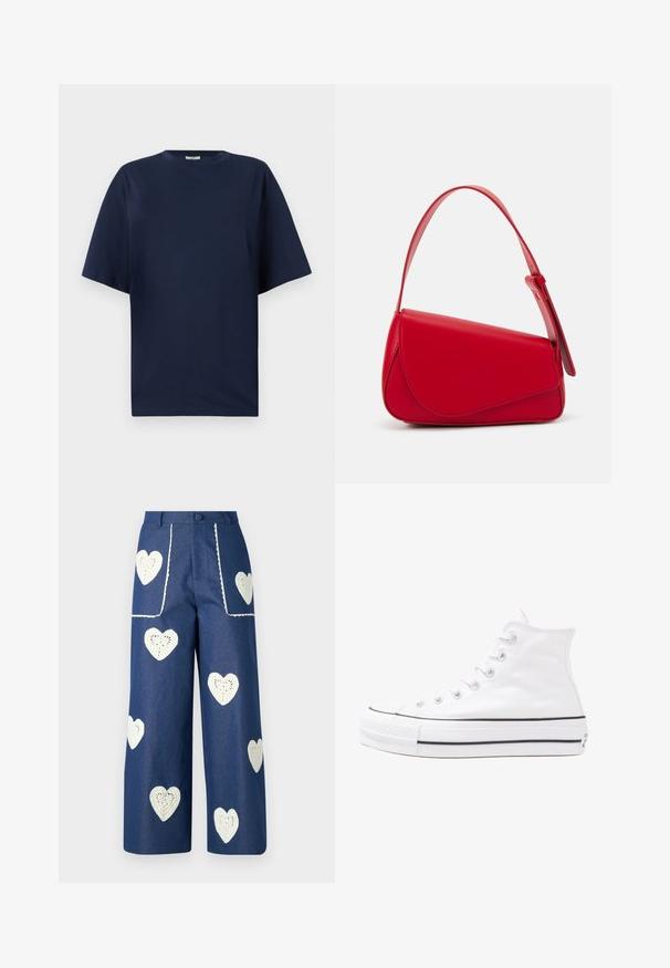 Navy blue cotton t-shirt with a round neck, short sleeves, and a relaxed fit. Smooth texture, no patterns or embellishments.; Sister Jane HEART TO HEART - Straight leg jeans - blue denim; White high-top canvas sneaker with black rubber sole, front rubber toe cap, and six eyelets for laces, featuring a clean, minimalist design.; Red leather handbag with an angular, geometric design. Features a single adjustable strap and a flap closure with stitched detailing.
