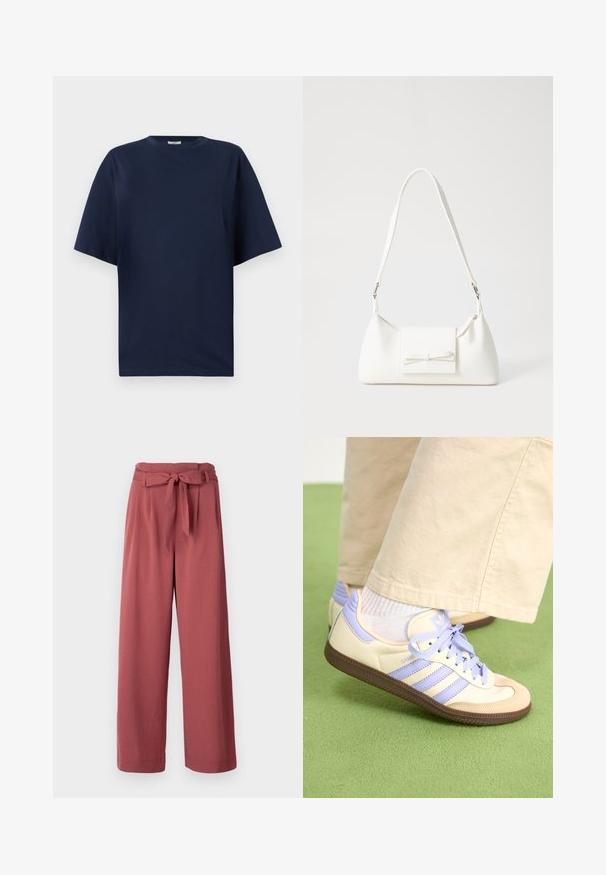 Camiseta de algodón azul marino con cuello redondo, mangas cortas y un ajuste relajado. Textura suave, sin patrones ni adornos.; Pantalones de pierna ancha en un color rosa empolvado, hechos de una tela suave, con un cinturón atado en la cintura y bolsillos laterales.; Zapatillas de crema y lavanda con tres rayas y una suela marrón texturizada, que cuentan con cordones y un talón acolchado. Parte superior de tela suave.; Bolso sintético blanco con forma triangular, tapa frontal plana y detalle de lazo, correa ajustable, textura suave y diseño minimalista.