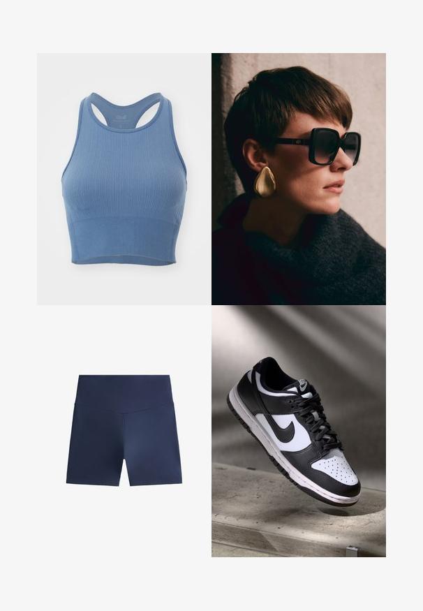 Lichtblauwe geribde sportbeha met een aansluitend ontwerp, brede banden en een racerback-silhouet. Zachte textuur en naadloze band aan de onderkant.; Marineblauwe sportshorts van glad, lichtgewicht materiaal. Strak ontwerp met een hoge tailleband. Geen zichtbare patronen of hardware.; Zwart-witte Nike Dunk Low sneaker met een leren bovenwerk, geperforeerde neus, en zwarte veters, met een witte zool en logo-accenten.; Zwarte oversized zonnebril met donkere lenzen en gouden hardware, gecombineerd met een grote, glanzende gouden druppeloorbel. Donker gestructureerde sjaal.
