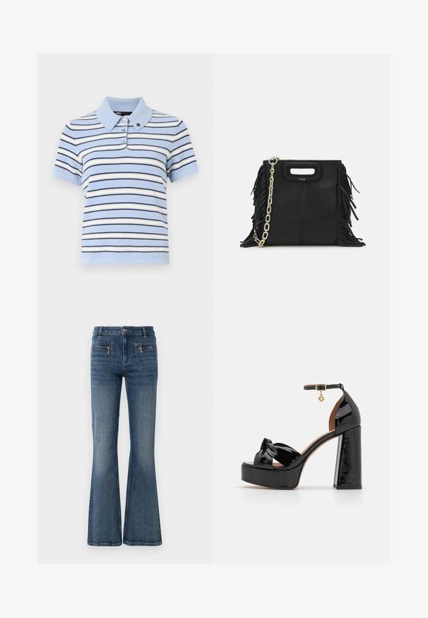 Tricou polo striped, cu dungi orizontale în nuanțe de albastru deschis, alb și bleumarin, fabricat dintr-un material tricotat moale, cu guler și închidere cu trei nasturi.; Jeans din denim albastru evazați cu talie medie, având buzunare frontale și posterioare și un finisaj ușor decolorat.; Maje Sandale cu toc - noir; Geantă de mână din piele neagră cu detalii din franjuri, curea de umăr din lanț auriu și un mâner cu tăietură. Prezintă plasarea logo-ului pe față.