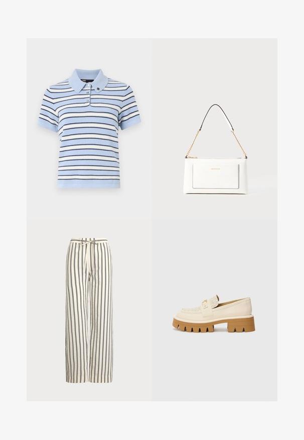 Polo a righe con strisce orizzontali blu chiaro, bianche e navy, in morbido tessuto a maglia, colletto e patta con tre bottoni.; Pantaloni a gamba larga in tessuto crema con strisce verticali blu navy. Presentano una vita elastica con cordoncino, offrendo una vestibilità rilassata e una texture comoda.; Mocassini beige con una cintura testurizzata color crema, caratterizzati da una suola spessa marrone con motivi a denti. Accento dorato sul dettaglio della fibbia.; Borsa a tracolla bianca in pelle con un finish testurizzato, dotata di una tracolla in catena dorata e accenti neri. Include una tasca frontale e una chiusura con zip.
