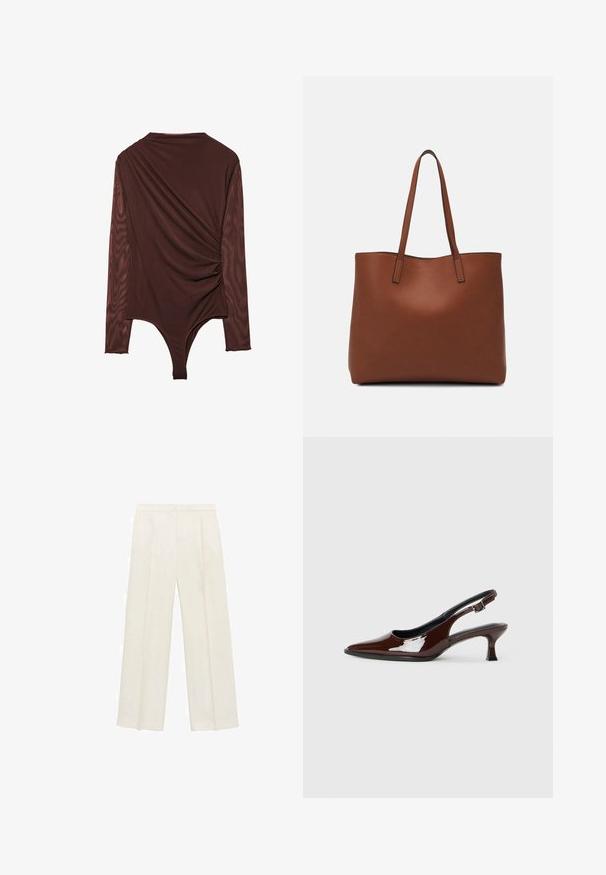 Dugi rukav bodysuit od tamnosmeđeg materijala, s drapiranim dizajnom na leđima, glatkom teksturom i gaćicama na dnu.; Hlače širokog kroja u svijetloj krem boji. Izrađene su od glatkog materijala s plisama sprijeda i bočnim džepovima.; Smeđe patentne kožne cipele s otvorenom petom, špicastim vrhom i umjerenom petom. Imaju remen s kopčom za sigurno pristajanje. Glatka tekstura.; Smeđa kožna torba preko ramena s glatkom teksturom, otvorenim vrhom i dvjema naramenicama. Ima minimalne šavove i nema vidljivog hardvera.