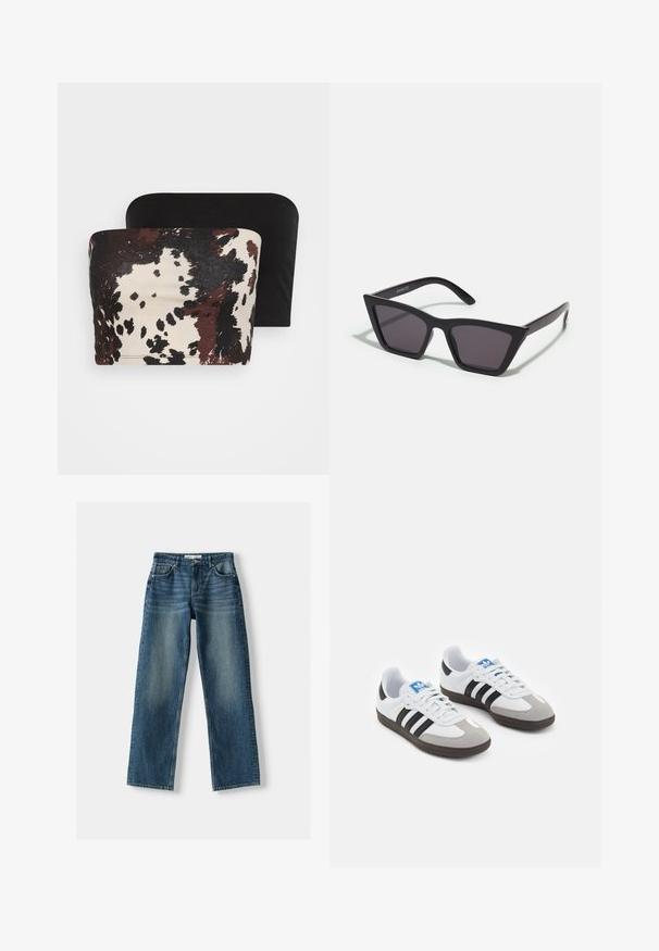 Dwa topy bez ramiączek: jeden ma brązowy i kremowy abstrakcyjny wzór zwierzęcy, podczas gdy drugi jest gładki czarny. Oba wykonane są z miękkiego materiału.; Niebieskie dżinsy o prostym kroju, zapinane na guzik, z pięcioma kieszeniami i wyblakłymi miejscami. Materiał wygląda na solidny i ma teksturowane wykończenie.; Buty sportowe z białą skórzaną cholewką, szarym zamszowym noskiem i trzema czarnymi paskami. Posiadają niebieskie logo na języku oraz teksturowaną gumową podeszwę.; Czarne, kanciaste okulary przeciwsłoneczne z szarymi soczewkami; wykonane z plastiku, z grubymi zausznikami o gładkiej powierzchni i bez widocznych elementów metalowych.