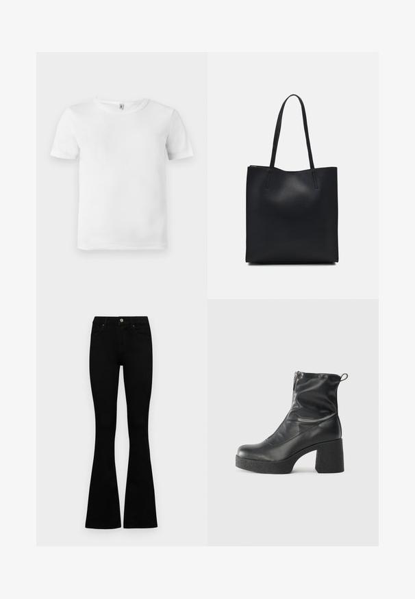 Valge lühikeste varrukatega T-särk ribide tekstuuriga. Klassikaline ümar kaelus, nähtavate logode ega mustriteta ning lihtne ja puhas disain.; Mustad kõrge vöökohtadega teksad, millel on nööp ja lukuga sulgemine, esikäe taskud ja laienevad sääred, asetatud tasasele valgele taustale.; Mustad mustad ansapüksid, mis on valmistatud siledast nahast, külje zipperiga, paksu tekstuuriga kontsaga ja ümmarguse nina disainiga.; Mustast nahast kott sujuva tekstuuriga, ristkülikukujuline ja kahe pika sangaga. Pole nähtavat riistvara ega kaunistusi.