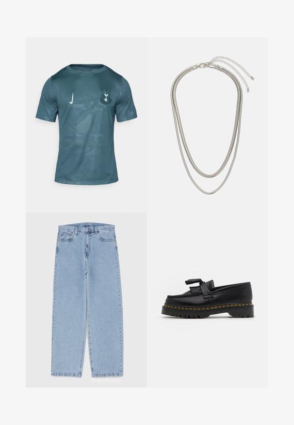 T-shirt de football Nike à manches courtes pour homme en teal avec une surface légèrement texturée, présentant le logo du club sur la poitrine gauche et un motif subtil.; Jean en denim bleu clair avec une coupe droite, présentant une taille mi-haute, cinq poches, et une fermeture à bouton et à fermeture éclair.; Mocassin en cuir noir avec un accent à frange, doté d'une semelle épaisse noire et d'une couture jaune le long du bord. Fini texturé.; Collier en métal argenté à trois couches présentant des chaînes flexibles et élégantes avec un léger éclat, sécurisé par un fermoir en forme de homard et une chaîne ajustable.