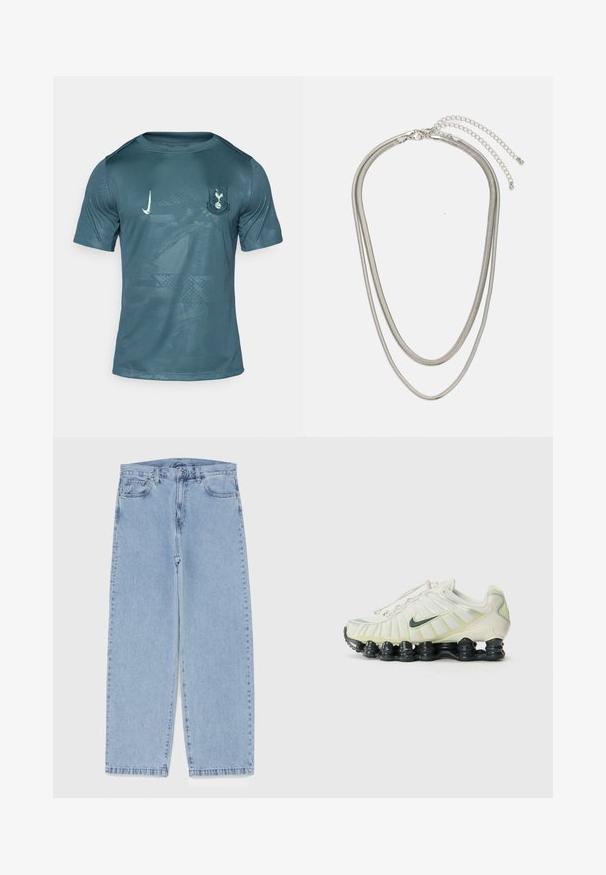 T-shirt de football Nike à manches courtes pour homme en teal avec une surface légèrement texturée, présentant le logo du club sur la poitrine gauche et un motif subtil.; Jean en denim bleu clair avec une coupe droite, présentant une taille mi-haute, cinq poches, et une fermeture à bouton et à fermeture éclair.; Baskets Nike blanches et vert clair avec une tige texturée, des lacets visibles et une semelle noire segmentée, dotées d'accents réfléchissants.; Collier en métal argenté à trois couches présentant des chaînes flexibles et élégantes avec un léger éclat, sécurisé par un fermoir en forme de homard et une chaîne ajustable.