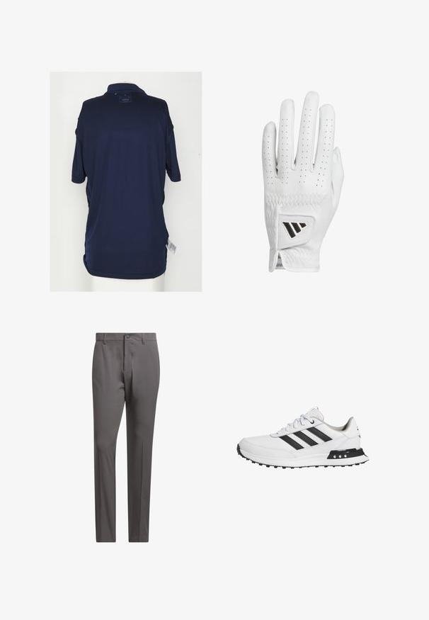 Námořnická modrá polo tričko s límečkem, krátkými rukávy a štítkem na zadní straně. Vyrobeno z hladké, prodyšné látky s volným střihem.; Šedé kalhoty s hladkou texturou, vybavené knoflíkovým zapínáním, poutky na opasek a upraveným střihem pro strukturovaný vzhled.; Bílé sportovní boty s černými pruhy, perforovaná boční strana, gumová podrážka a polstrování v oblasti paty. Ploché tkaničky a polstrovaný jazyk.; Bílá kožená golfová rukavice s perforovanými prsty, texturovaným prošíváním a černým akcentním logem na zápěstí. Slim fit design pro lepší úchop.