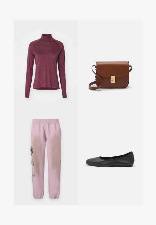 Bordowa koszulka z długim rękawem z golfem, z rękawami raglanowymi i miękką teksturą. Posiada zaokrąglony dół i dopasowane mankiety.; Różowe dresy z elastycznym pasem, zdobione dekoracyjnymi łatkami w kształcie diamentów po lewej stronie oraz elastycznymi mankietami na kostkach.; Czarne skórzane baletki z zaokrąglonym noskiem, gładką fakturą, minimalnymi przeszyciami i elastycznym designem podeszwy.; Brązowa skórzana torebka na ramię z klapką, złotymi detalami, paskiem na ramię i gładką teksturą. Kompaktowy prostokątny kształt.